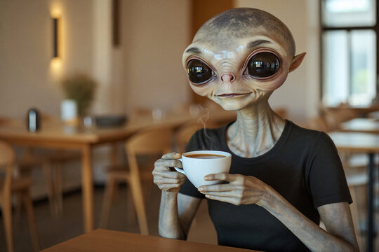 Creature character drinking coffee at wooden cafe table