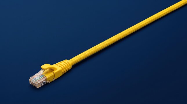 of yellow ethernet network cable with rj45 connector on dark blue, internet connection, technology hardware, data transmission, networking equipment, computer accessories, wiring