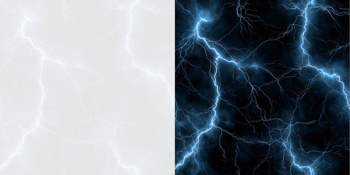 Electric blue lightning storm effect overlay on transparent and dark background. Branching lightning bolts and thunder clouds design element
