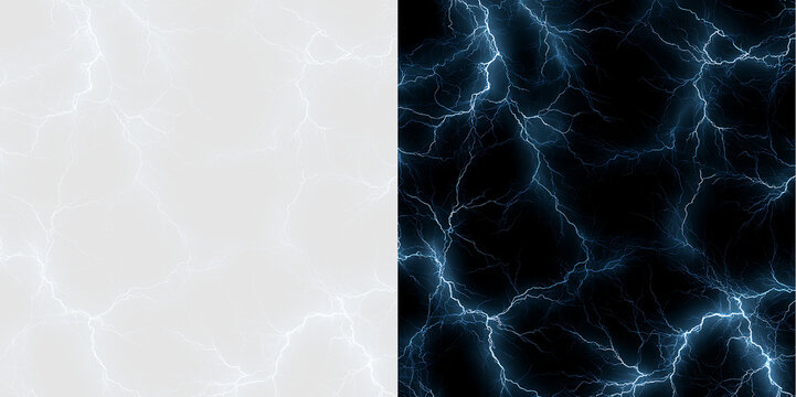 Seamless electric lightning pattern on dark background. Blue plasma discharge overlay with transparent PNG version. High voltage storm effect