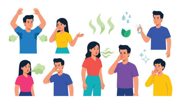 Bad Body Odor and Halitosis Vector Set with People Experiencing Sweaty Armpits Bad Breath Stinky Smells and Deodorant Spray Hygiene Solutions Illustration