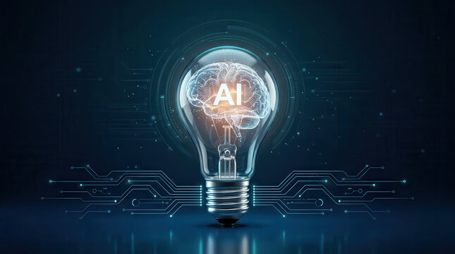 Artificial intelligence concept with glowing AI light bulb connected to digital circuit board, symbolizing machine learning, advanced computing, innovation, automation, technology and future solutions