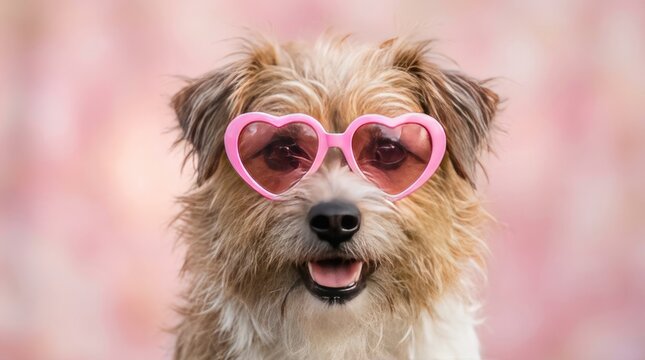 A cute scruffy terrier dog wearing pink heart shaped sunglasses looking at the camera against a soft pink background