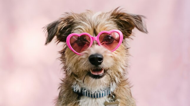 A cute scruffy terrier dog wearing pink heart shaped sunglasses looking at the camera against a soft pink background