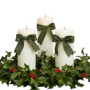 Elegant Christmas candles with green bows, festive holly wreath centerpiece, winter holiday decor
