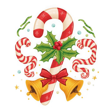 Christmas candy cane with holly berries, festive golden bells, holiday greeting card illustration