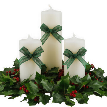 Christmas white pillar candles, festive holly berry centerpiece, holiday table decor with green bows