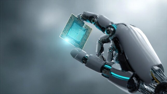 Robot hand holding a computer chip with glowing elements in a technology setting