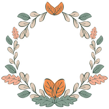 Circular botanical autumn wreath made of pastel leaves and sprigs with central copy space on a white background. Perfect for fall line art frames, invitations and seasonal borders.
