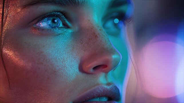 Close-up of a person with bright eyes in colorful lighting at night