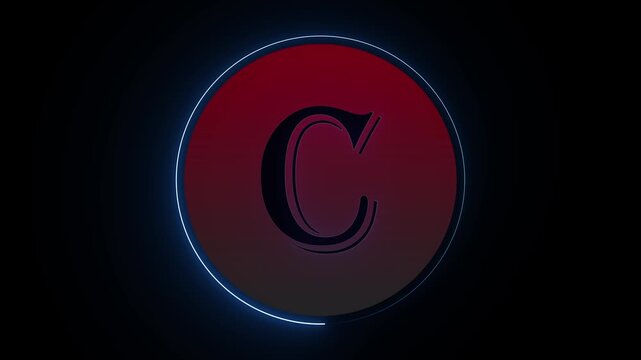 Red glowing circular button with stylized letter c icon