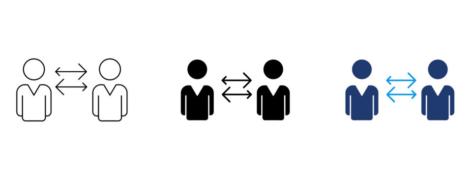 Peer to peer interaction icon with two people avatars and bidirectional arrows. Symbol of communication, team transfer, bilateral agreement, dialogue, collaboration, exchange, and social connection.
