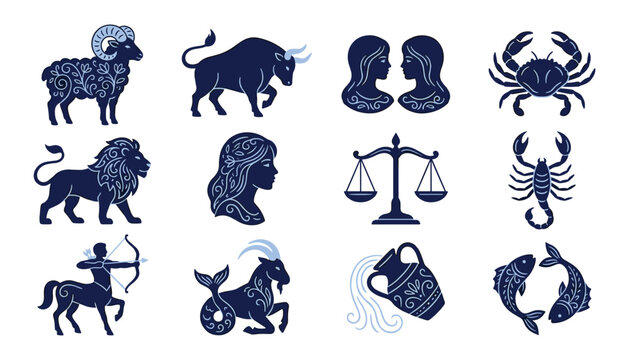 Zodiac signs horoscope vector icons set featuring ornate blue elements for aries taurus gemini cancer leo virgo libra scorpio sagittarius capricorn aquarius and pisces isolated on white background