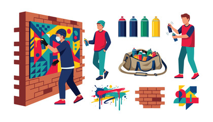 Street art graffiti character element icon set featuring artists painting on brick wall spray paint cans bag splatters and geometric murals © Ridoy