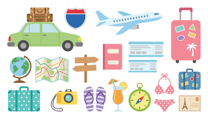 Naklejka premium Travel and Summer Vacation Vector Icon Set with Airplane Car Luggage Passport Tickets Map Camera and Beach Elements