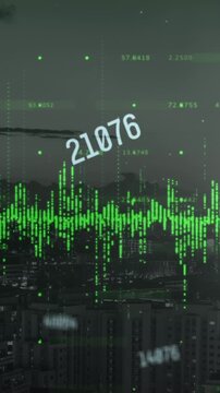 Animation of financial data processing over cityscape