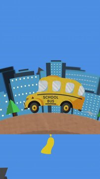 Digital animation of graduation hat icons falling over school bus icon against blue background