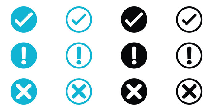 Check mark, exclamation mark, and cross mark icon set. vector illustration for approve, warning, and cancel notification buttons, blue and black circle line and solid symbols. Vector illustration 