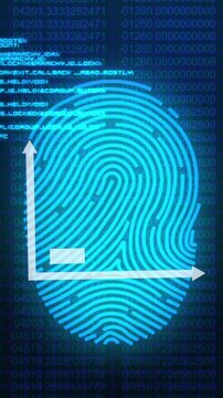 Animation of bar graph icon over biometric print scanner and data processing on blue background