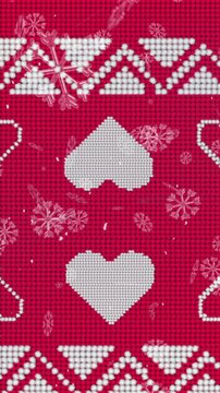 Animation of snowflakes falling over red christmas pattern