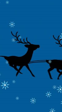Animation of snowflakes falling over silhouette of santa claus in sleigh being pulled by reindeers
