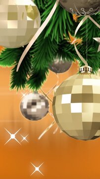Animation of baubles and stars on christmas trees against orange background