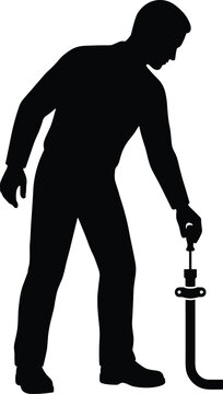Black silhouette of plumber tightening pipe fitting with wrench in a bent-over position