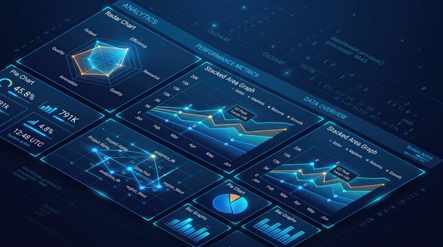 Futuristic data analytics dashboard interface, performance metrics visualization, stacked area graphs and radar charts, financial statistics display, big data processing