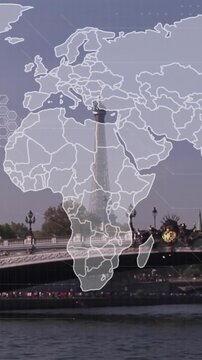 Animation of world map and data processing over cityscape
