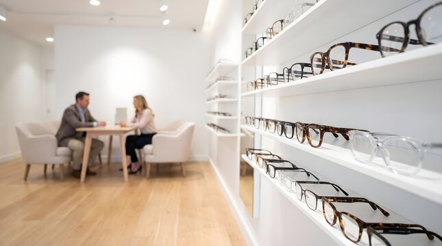 Wide selection of designer optical frames on white shelves in a bright boutique clinic with customers for professional ophthalmology and retail sales