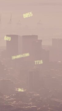 Animation of numbers and data processing over cityscape
