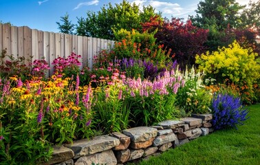 Fototapeta premium stone flowerbed packed with colorful blooming plants sits beside green lawn near English country cottage.