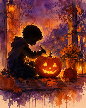 Child carving pumpkin, watercolor Halloween illustration