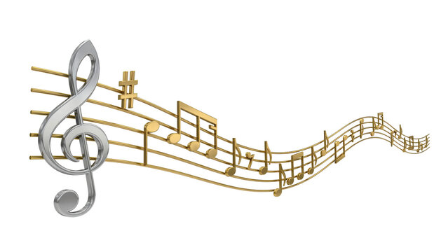 Silver treble clef with golden musical notes and staff lines flowing across a white background, isolated on a, transparent background