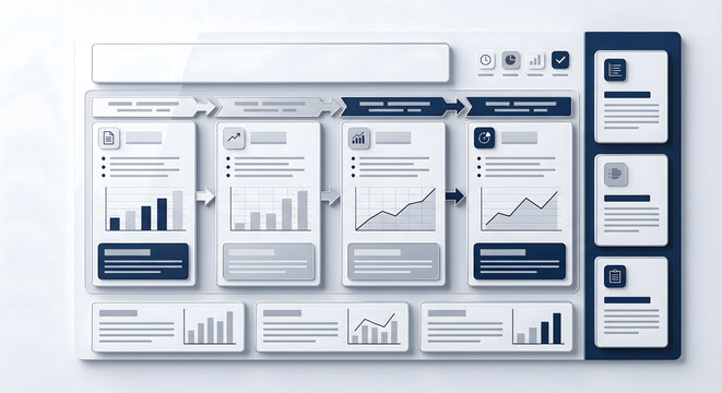 Business workflow dashboard template with process flow chart, data analytics, and user interface panels.