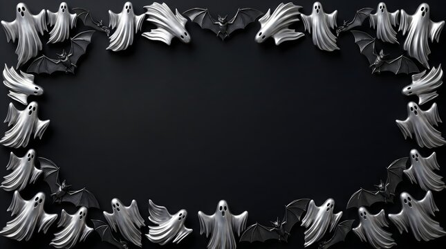 Frame of spooky white ghosts on a black background for halloween celebration and horror themed designs