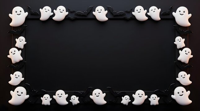A festive halloween frame featuring a border of cute cartoon ghosts on a solid black background