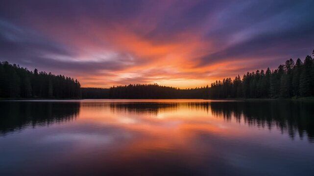 Calm lake at sunset with colorful sky reflection on water surface
