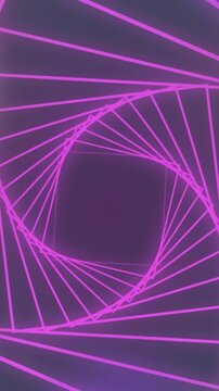 Animation of pink pentagonal spiral over coloured lights on black background