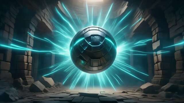 Futuristic bionic core orb with glowing blue energy rays for tech
