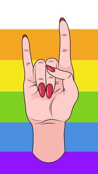 Animation of caucasian hand with red nails making rock horns sign over rainbow stripe background