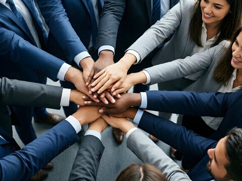 Group, business people and hands in stack for teamwork, collaboration or diversity in workplace community. Crowd, above or solidarity at company office for staff commitment, together for support