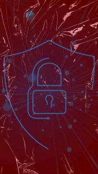 Animation of security padlock icon and blue spot against changing texture on red background