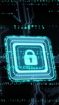 Animation of security padlock icon, microprocessor connections and glowing light trails