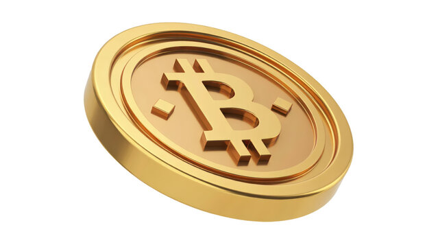 Single shiny gold bitcoin coin with embossed currency symbol angled view isolated on a transparent background