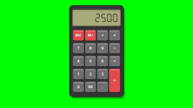 Flat vector pocket calculator matching the reference on solid chroma green background: dark charcoal rounded body with drop shadow, big olive green LCD with darker olive border showing right aligned s