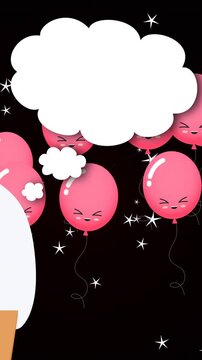 Graduated boy icon and multiple pink balloons with copy space on black background