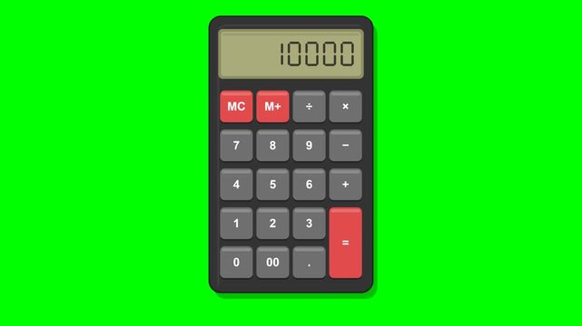 Flat vector pocket calculator matching the reference on solid chroma green background: dark charcoal rounded body with drop shadow, big olive green LCD with darker olive border showing right aligned s
