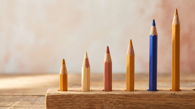 Colored pencils arranged in ascending height on wooden stand