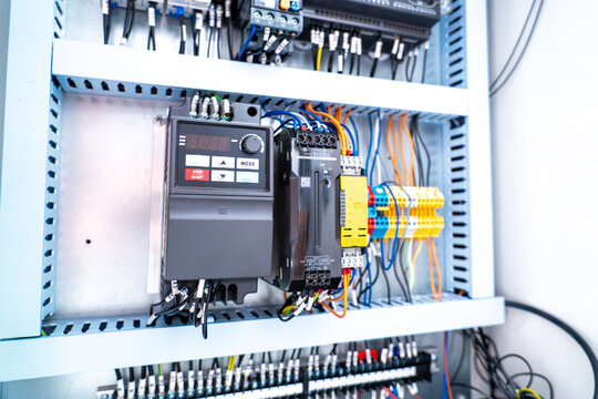 Electrical control panel with wiring and industrial components